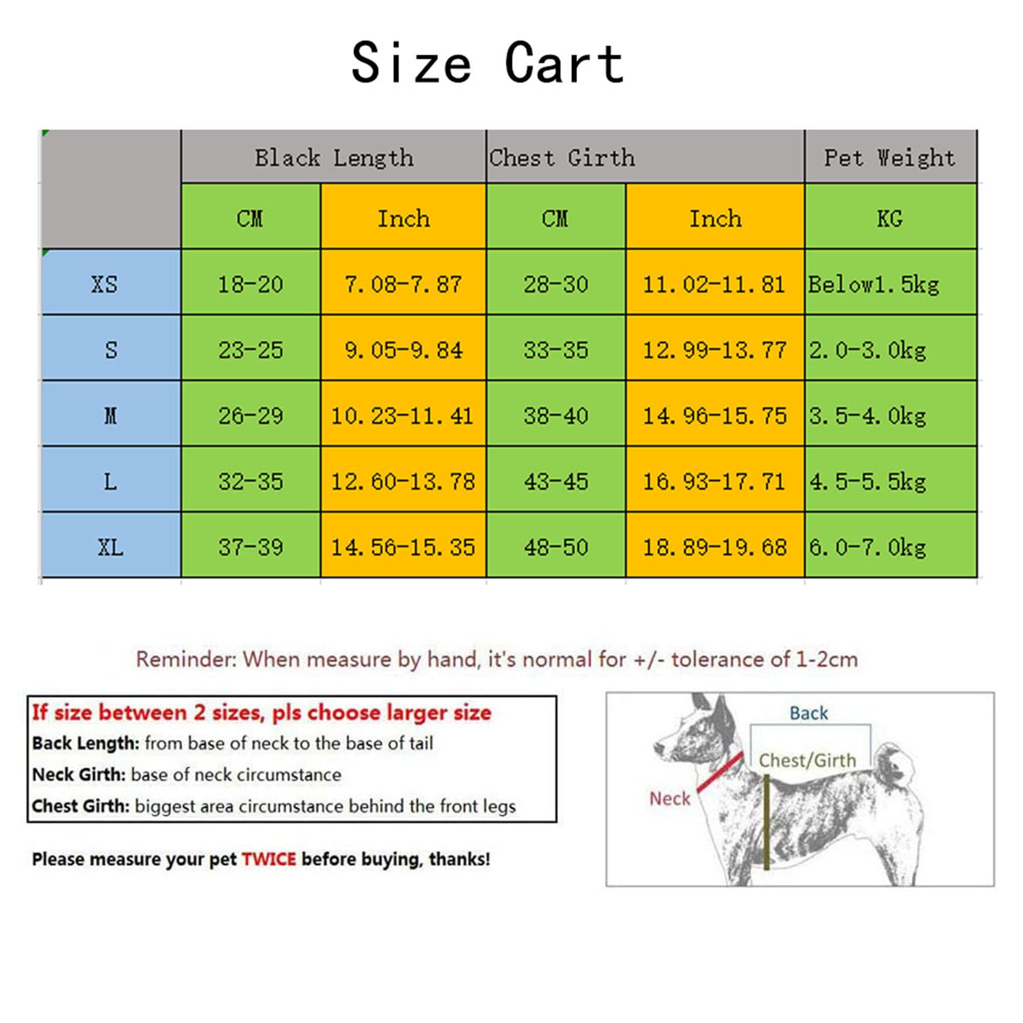 Pet Clothes Size Chart