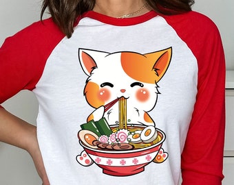 Cat Ramen Raglan Shirt, Kawaii Anime Baseball Tees, Japanese Raglan Sleeve Shirt, Korean Noodle Raglan, Ramen Kitten Raglan, Gift for Friend