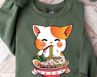 Cat Ramen Sweatshirt, Kawaii Anime Hoodie, Japanese Long Sleeve Shirt, Korean Noodle Tee, Cute Ramen Kitten Graphic Hooded, Gifts for Friend