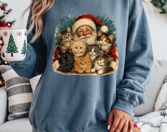 Santa's Kittens Christmas Shirt, Cute Cat Lover Holiday Tee, Kitten Santa Sweatshirt, Christmas Gift, Festive Feline Shirt, Xmas Party Tee