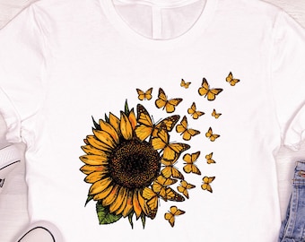 Cute Sunflower Shirt, Butterfly Graphic Tees, Sunflower Sweatshirt, Shirts for Women, Gifts for Her, Inspirational Tees, Mothers Day Gift