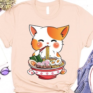 Cat Ramen T-Shirt, Kawaii Anime Shirt, Japanese Shirt, Korean Noodle Shirt, Cute Asian Food Tee, Ramen Kitten Graphic Tees, Gifts for Friend