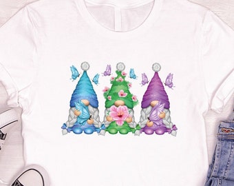 Cute Gnome T-Shirt, Floral Gnomes Shirt, Spring Clothing, Gift for Her, Toddler Girl Shirts, Butterfly Graphic Tees for Women, Summer Outfit