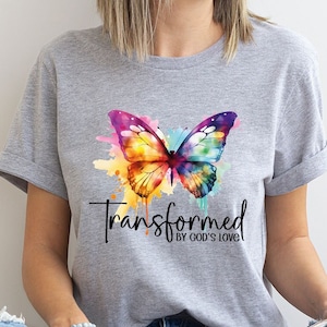 Inspirational T-Shirt, Christian Gifts, Butterfly Tshirt, Bible Verse Clothing, Women Vneck Shirt, Gift for Her, Transformed By God’s Love