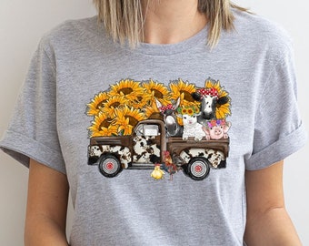 Cute Farm Animal Shirt, Funny Animals Clothing, Gifts for Farmer, Chickens Tshirt, Sunflower Graphic Tees, Floral Vneck Shirts, Gift for Her