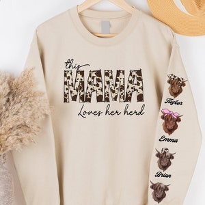 Custom Cow Shirts, Personalized Gifts, Mothers Day Gift, Grandma Sweatshirt, Cow Print Mama Shirt, Custom Farmer TShirt, Mama Loves Her Herd