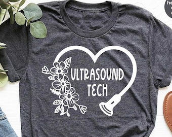 Floral Ultrasound Tech Gifts, Heart Graphic Tees, Ultrasound Technologist T-Shirt,  Sonographer Vneck TShirt, Shirts for Women, Gift for Her