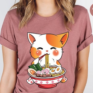 Koszulka z kotem Ramen, Kawaii Anime Shirt, japońska koszulka, koreańska koszulka z makaronem, słodka azjatycka koszulka z jedzeniem, koszulki graficzne Ramen Kitten, prezenty dla przyjaciela