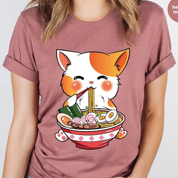 Cat Ramen T-Shirt, Kawaii Anime Shirt, Japanese Shirt, Korean Noodle Shirt, Cute Asian Food Tee, Ramen Kitten Graphic Tees, Gifts for Friend