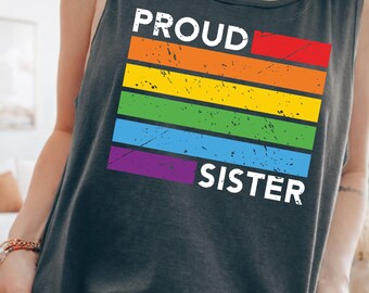 Comfort Colors® LGBT Sister Pride Tank Top, Retro Rainbow Proud Sister Shirt, Distressed Gay Pride T-Shirt, LGBTQ Pride Month Shirt