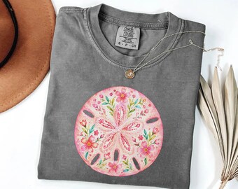 Comfort Colors® Floral Sand Shirt, Coastal Beach Tee, Pink Seashell Shirt, Ocean Lover Gift, Summer Vacation Shirt, Unisex Beach Tee