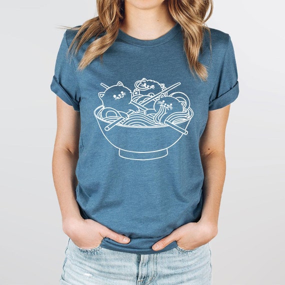 Cat Ramen T-Shirt, Kawaii Anime Shirt, Ramen Kitten Graphic Tees, Gifts for Friend, Japanese Shirt, Korean Noodle Shirt, Cute Asian Food Tee