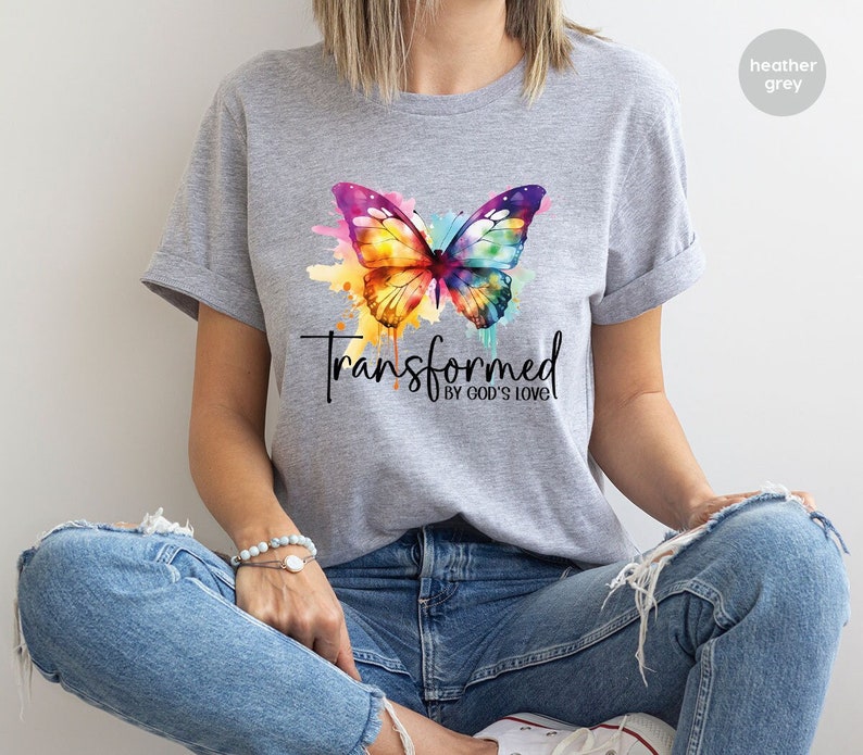 Inspirational T-Shirt, Christian Gifts, Butterfly Tshirt, Bible Verse Clothing, Women Vneck Shirt, Gift for Her, Transformed By Gods Love image 1