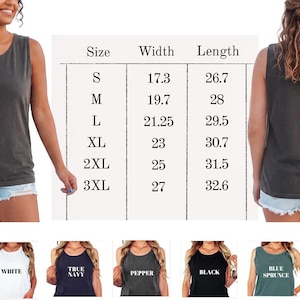 The image is a collage of three photos featuring a woman wearing a gray tank top, with size and length measurements displayed below each photo.