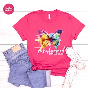 Inspirational T-Shirt, Christian Gifts, Butterfly Tshirt, Bible Verse Clothing, Women Vneck Shirt, Gift for Her, Transformed By Gods Love image 3