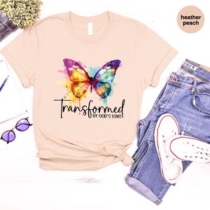 Inspirational T-Shirt, Christian Gifts, Butterfly Tshirt, Bible Verse Clothing, Women Vneck Shirt, Gift for Her, Transformed By Gods Love image 4