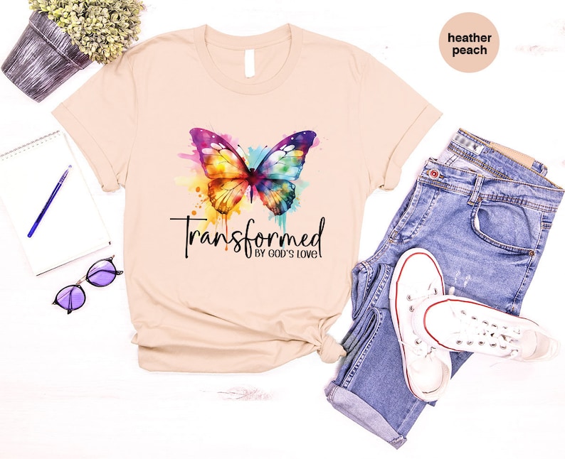 Inspirational T-Shirt, Christian Gifts, Butterfly Tshirt, Bible Verse Clothing, Women Vneck Shirt, Gift for Her, Transformed By Gods Love image 4