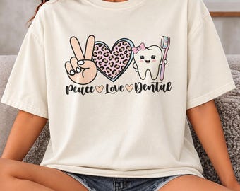 Comfort Colors® Peace Love Dental Shirt, Dental Assistant Gift, Leopard Print Dental Hygienist Sweatshirt, Dentist Office Holiday Tee