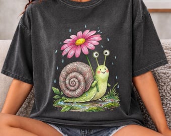 Comfort Colors® Cute Snail Shirt, Kawaii Snail and Flower Tee, Whimsical Nature Lover Gift, Cottagecore Garden Animal Shirt