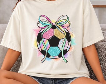 Comfort Colors® Glitter Soccer Ball Shirt, Rainbow Bow Tank Top, Youth Shirt, Girls Soccer Game Day Gift, Soccer Mom Team Spirit