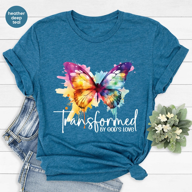 Inspirational T-Shirt, Christian Gifts, Butterfly Tshirt, Bible Verse Clothing, Women Vneck Shirt, Gift for Her, Transformed By Gods Love image 5