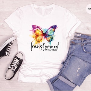 Inspirational T-Shirt, Christian Gifts, Butterfly Tshirt, Bible Verse Clothing, Women Vneck Shirt, Gift for Her, Transformed By Gods Love image 2