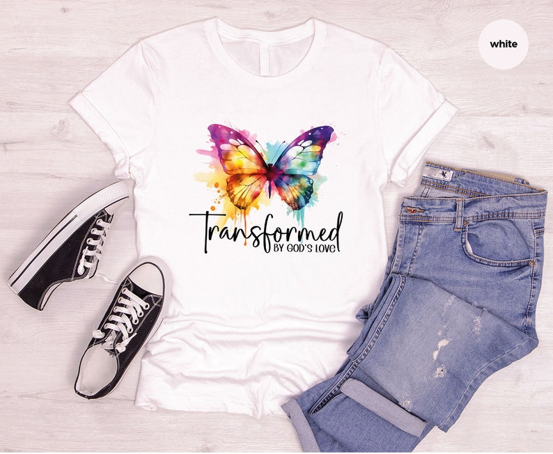 Inspirational T-Shirt, Christian Gifts, Butterfly Tshirt, Bible Verse Clothing, Women Vneck Shirt, Gift for Her, Transformed By Gods Love image 2