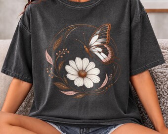 Comfort Colors® Butterfly Daisy Shirt, Cottagecore Floral Tee, Boho Botanical Nature Lover Gift, Wildflower Garden Aesthetic Shirt