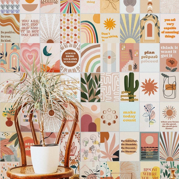 Kit de collage de pared de colores pastel boho de 100 piezas, kit de collage verde y marrón, conjunto de arte de pared de galería de decoración boho, arte de pared de decoración boho -DIGITAL