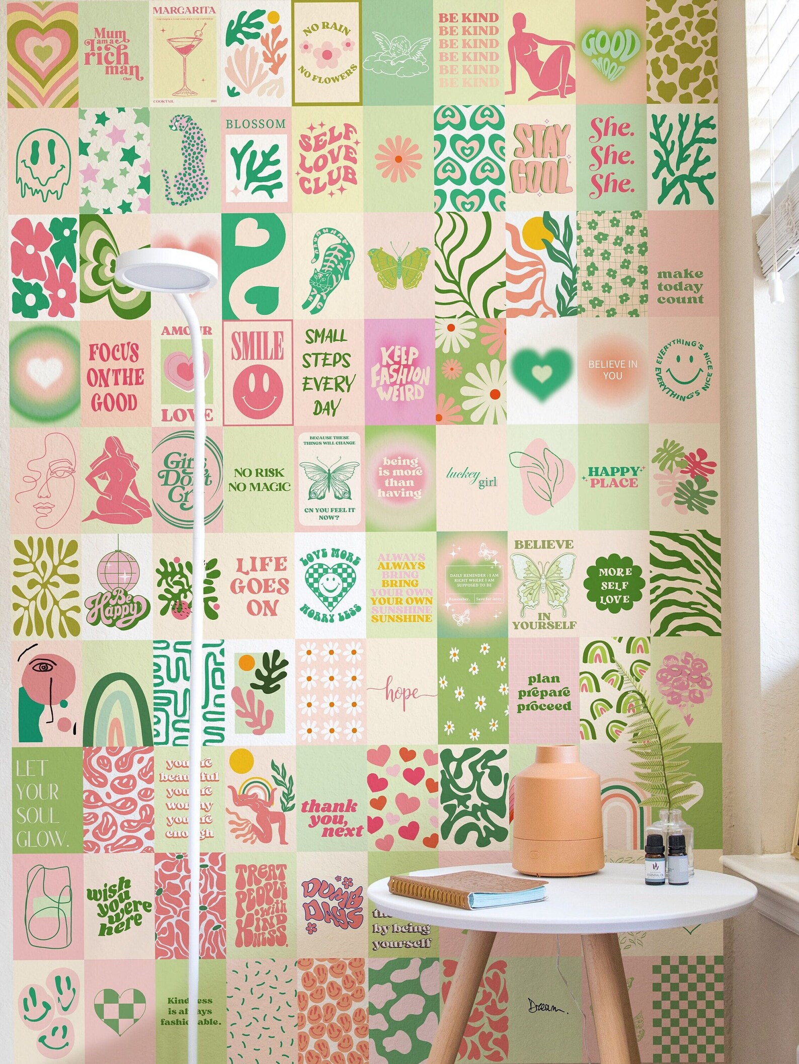 100 Pcs Pink and Green Wall Art, Danish Pastel Room Decor, Sage Green