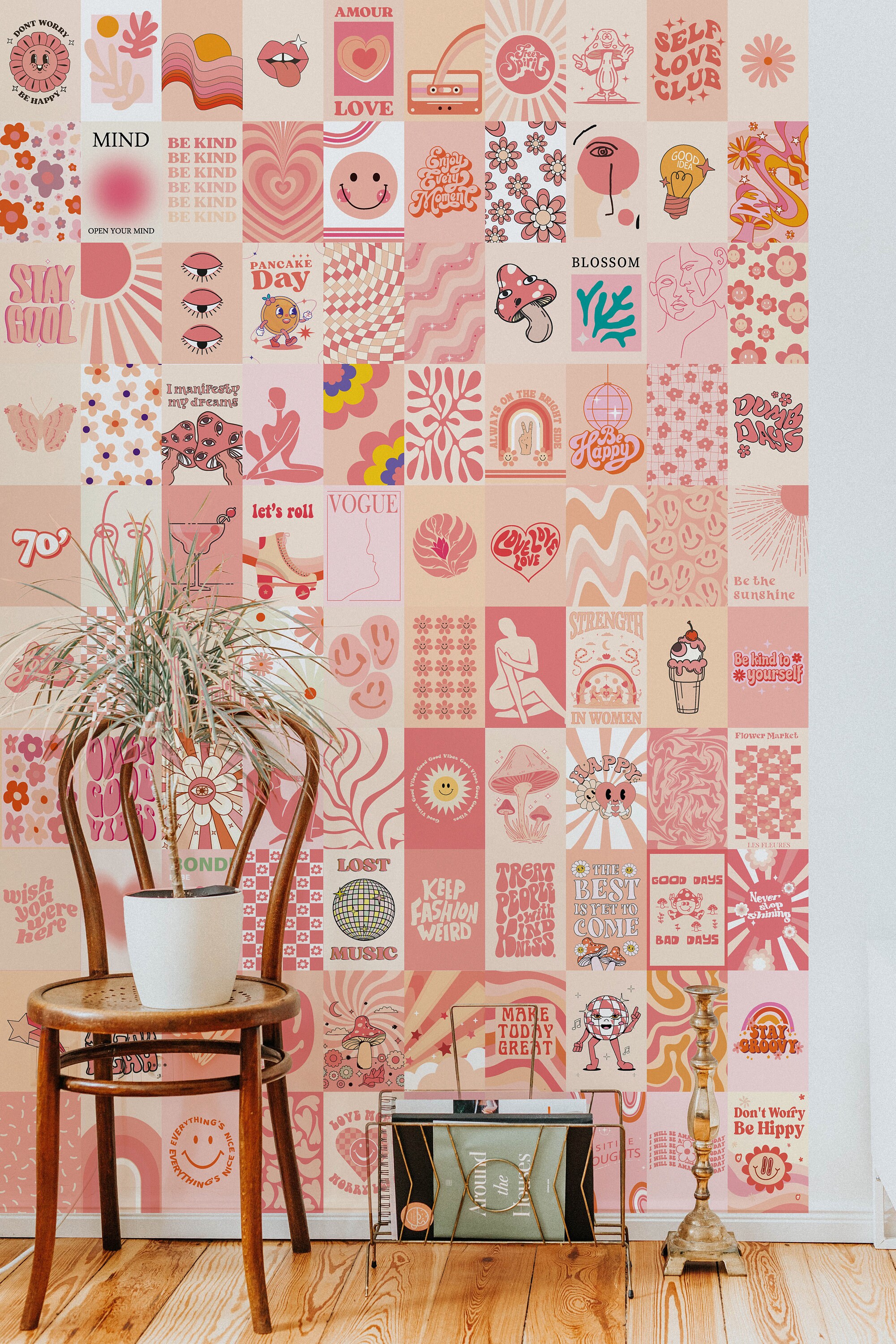 100 Pcs Pinktastic Funky Retro Wall Collage Kit, Aesthetic Pink Prints