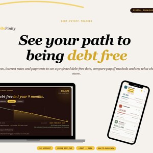 May include: A digital debt payoff tracker template featuring a laptop and smartphone displaying financial data, charts, and debt-free projections. The interface includes text such as See your path to being debt free, HelloFinity, and various account balances.