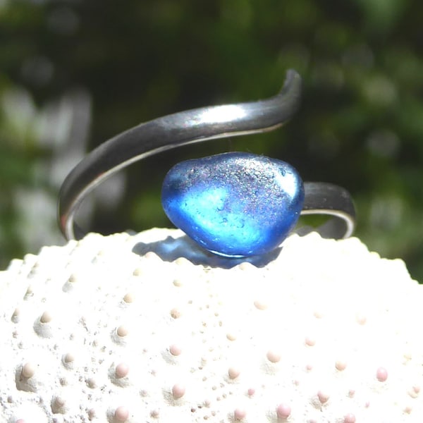 offener Ring mit blauem Seeglas , silberfarbend , verstellbar