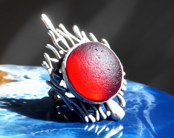 Ring with dark red sea glass, silver-colored, adjustable