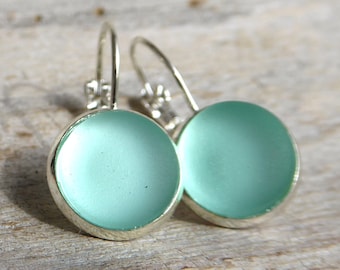 Small earrings with sea glass in light mint turquoise and closed hooks