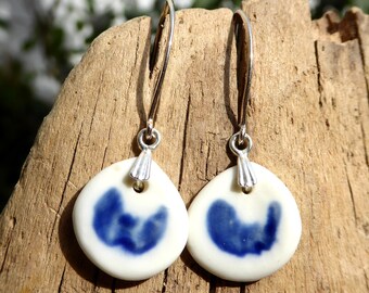 Earrings with porcelain in white-cobalt blue and 925 silver hooks