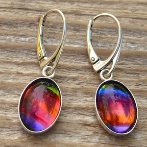 Könnte beinhalten: Ein Paar silberne Ohrhänger mit ovalen, regenbogenfarbenen Glassteinen. Die Steine haben einen Regenbogen aus Farben, darunter Rot, Orange, Gelb, Grün, Blau und Lila.