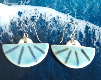 Earrings with porcelain in white-turquoise and 925 silver hooks