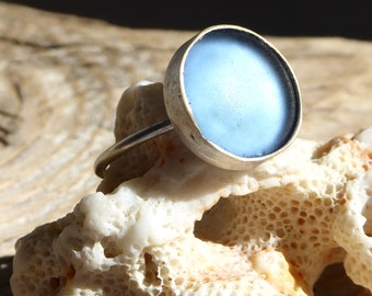 Ring with light blue sea glass, silver-coloured, adjustable