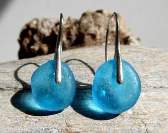Boucles d'oreilles avec verre de mer turquoise et crochets d'oreilles spéciaux en argent 925