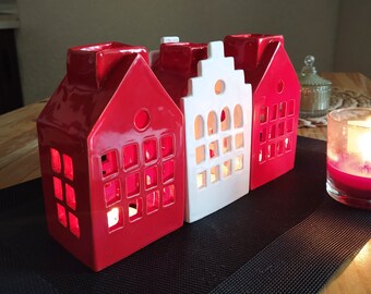 Set of 3 Handmade Ceramic Houses / White Red Tealight Candle Holder / Modern Home Gifts / Minimalist Ceramic