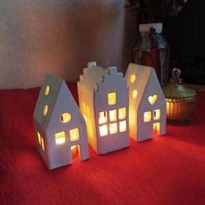 Set of 3 white ceramic candle houses / Handmade ceramic and pottery / Candle holder