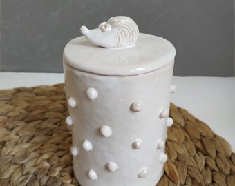 Ceramic white sugar bowl with hedgehog / Handmade hedgehog Pottery Container / Cookie Container / Stoneware Sugar Bowl