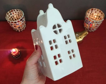 Weißer Kerzenhalter Keramikhaus / handgemachte Keramik und Töpferei / Keramikhaus im europäischen Stil