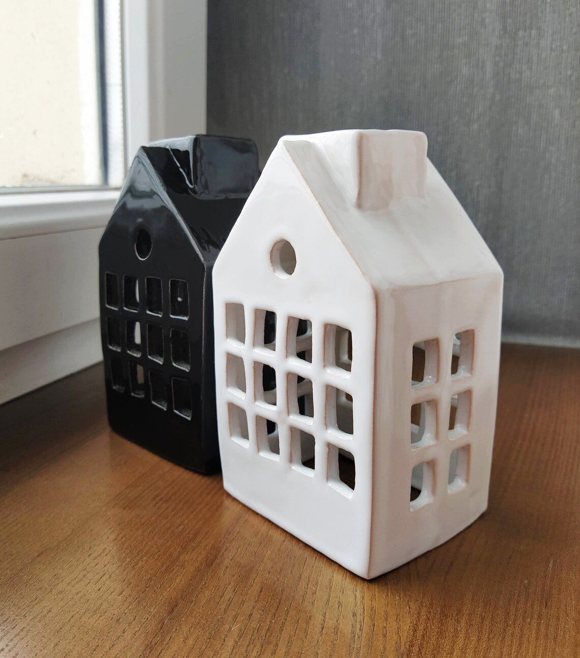 Set of 2 Handmade Ceramic Houses / White Black Tealight Candle Etsy