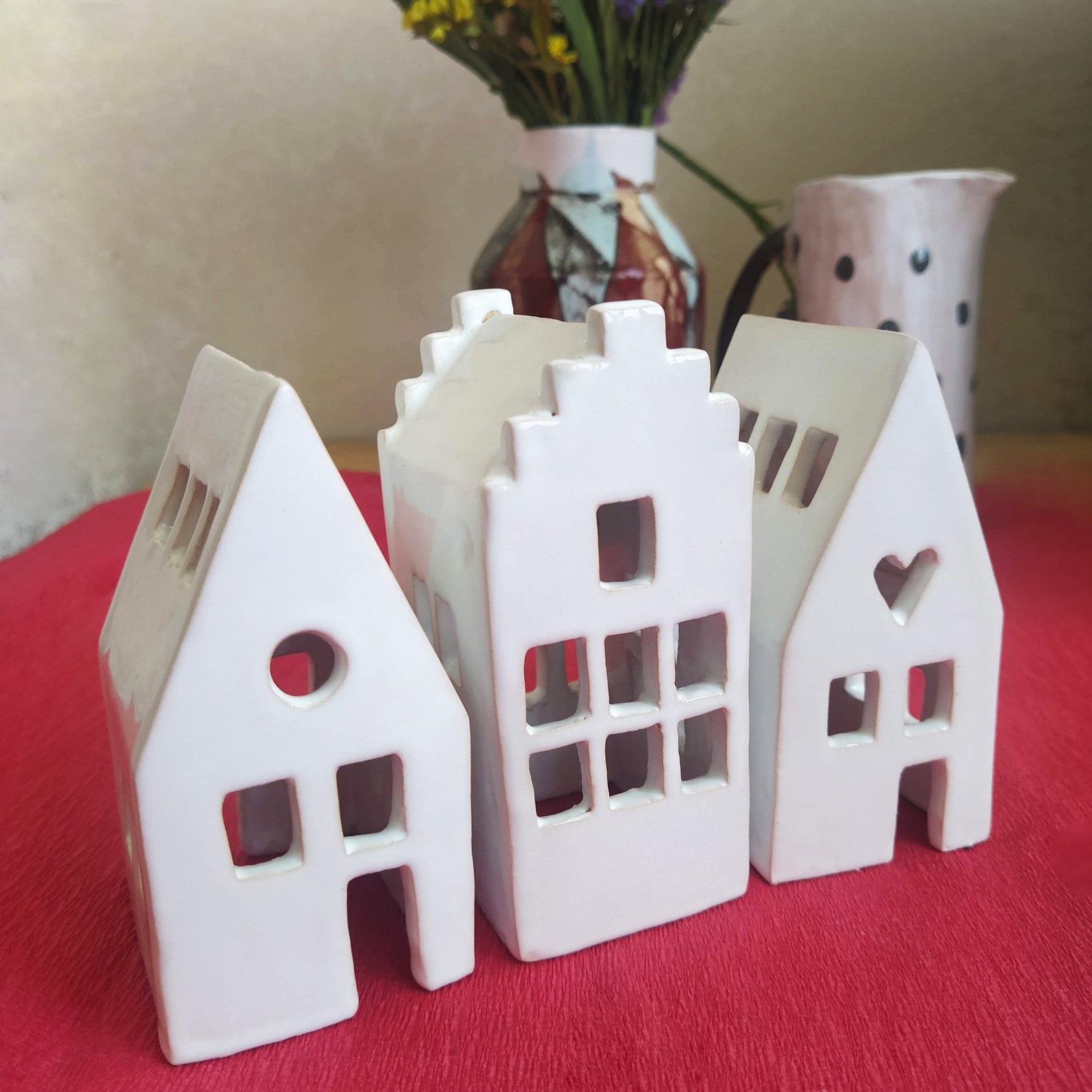 Set of 3 White Ceramic Candle Houses / Handmade Ceramic and Etsy UK
