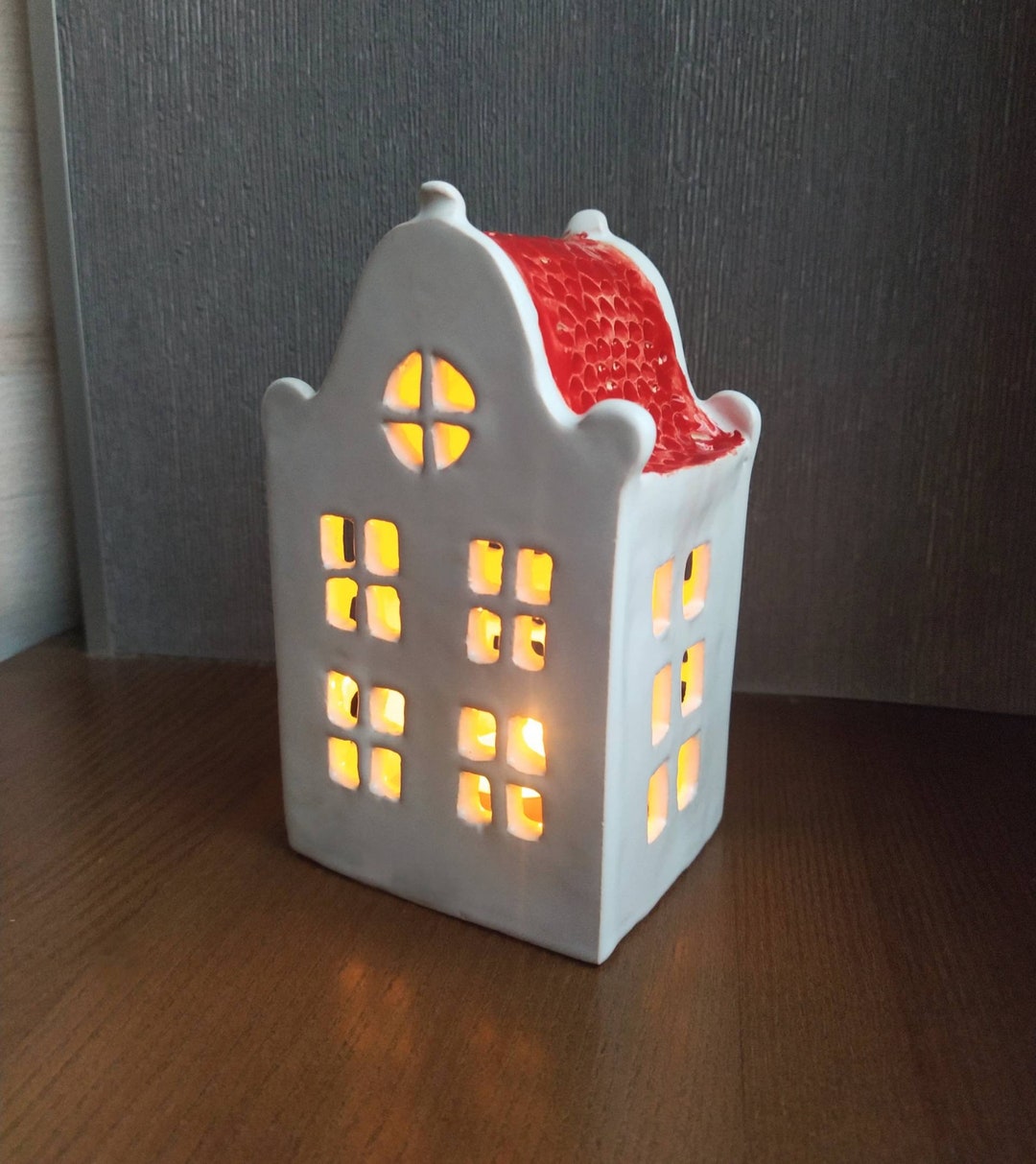 White and Red Ceramic House Candle Holder / Handmade European Style