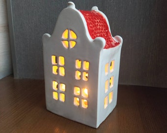 White and red ceramic house candle holder / Handmade European style candle / Ceramic luminary / Ceramic tealight