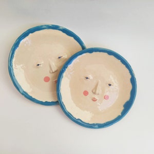 Set of 2 handmade Ceramic plate with face / Saucer with smile / Decorative plate / cake plate /  Ready to Ship / Mother’s Day