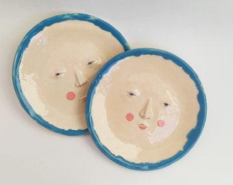 Set of 2 handmade Ceramic plate with face / Saucer with smile / Decorative plate / cake plate /  Ready to Ship / Mother’s Day